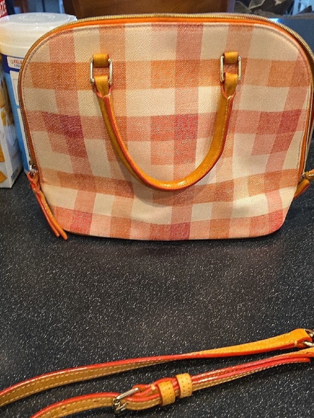 Dooney & Bourke PEACH and Cream Plaid Satchel - Picture 5 of 12